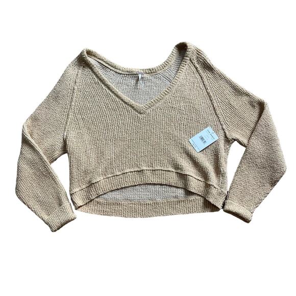 Free People Women's High Low V-Neck Cropped Sweater Camel Size Medium NWT - Picture 2 of 7